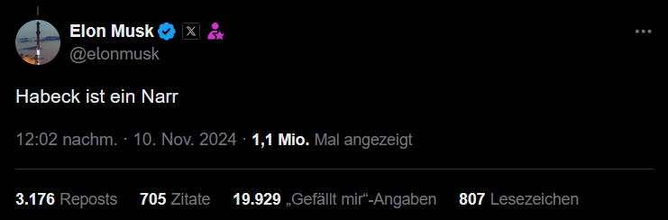 Tweet Elon Musk "Habck ist ein Narr".